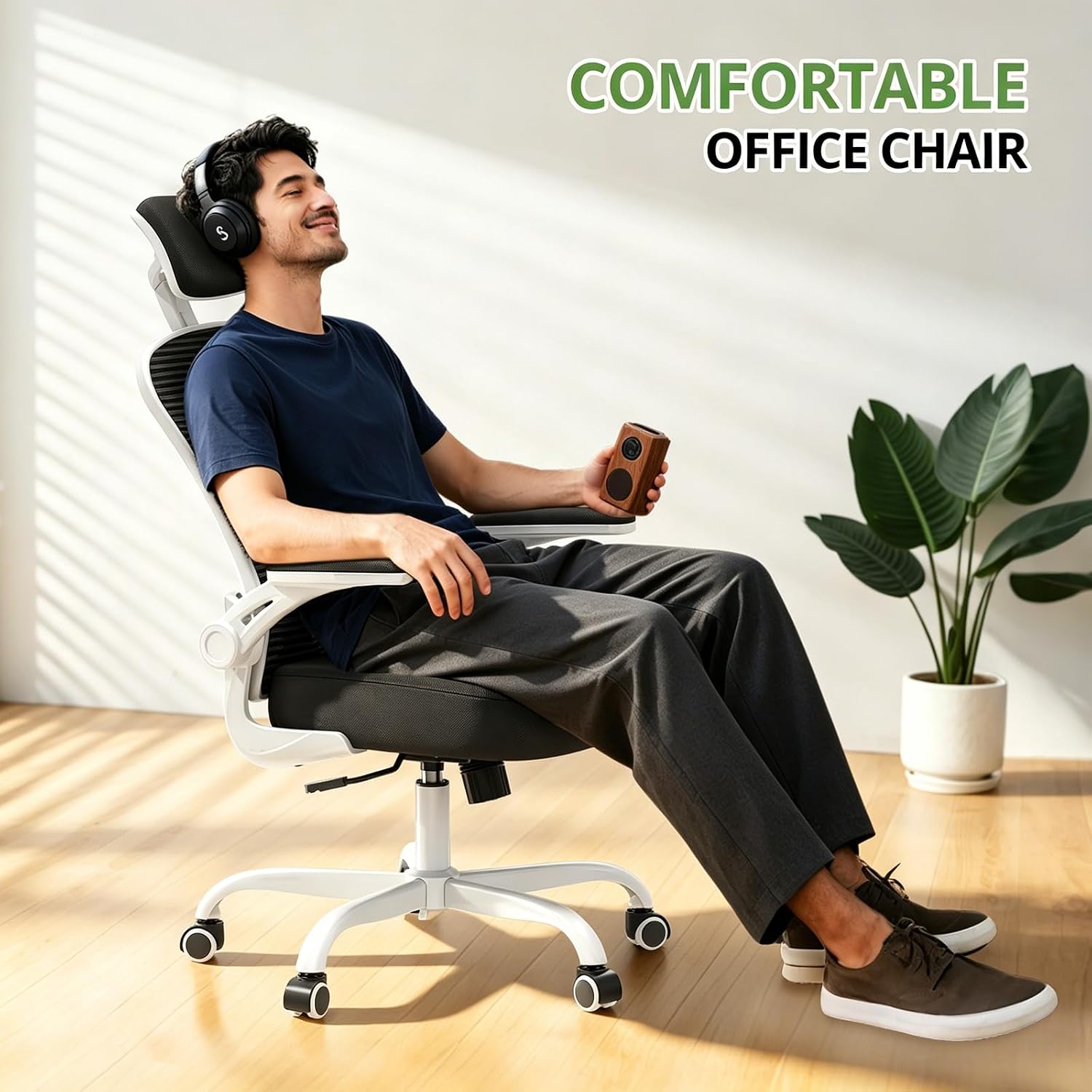 Office Chair Ergonomic Desk Chair, 330LBS Capacity, High Back Computer Design for Long Hours Comfort, Rolling Swivel Executive Task for Home Office with Flip-up Armrests(White Black)