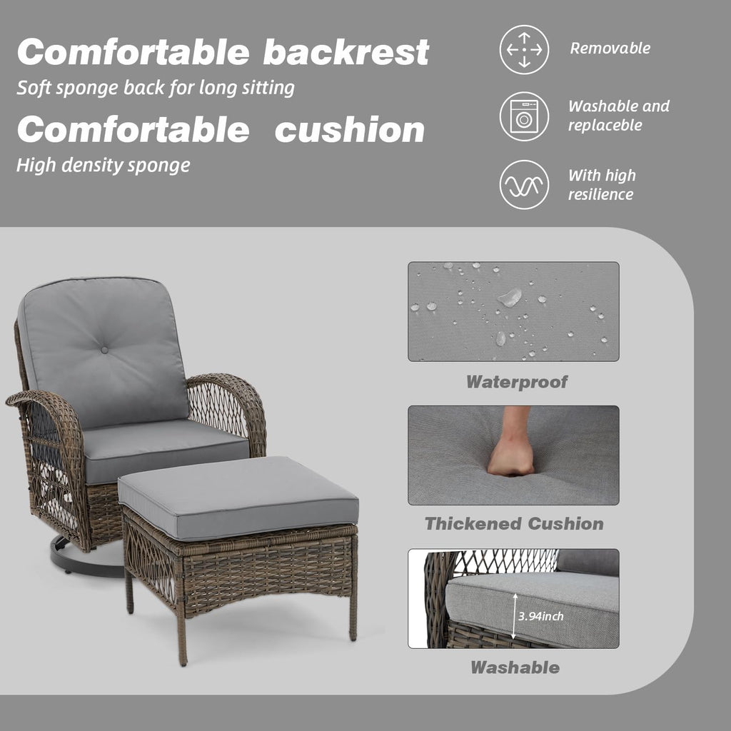 MELLCOM 5 Pieces Patio Furniture Set, Outdoor Swivel Rocker Patio Chairs with Ottomans, Wicker Conversation Set with Rocking Chair, Thickened Cushions, Glass Coffee Table for Backyard, Grey