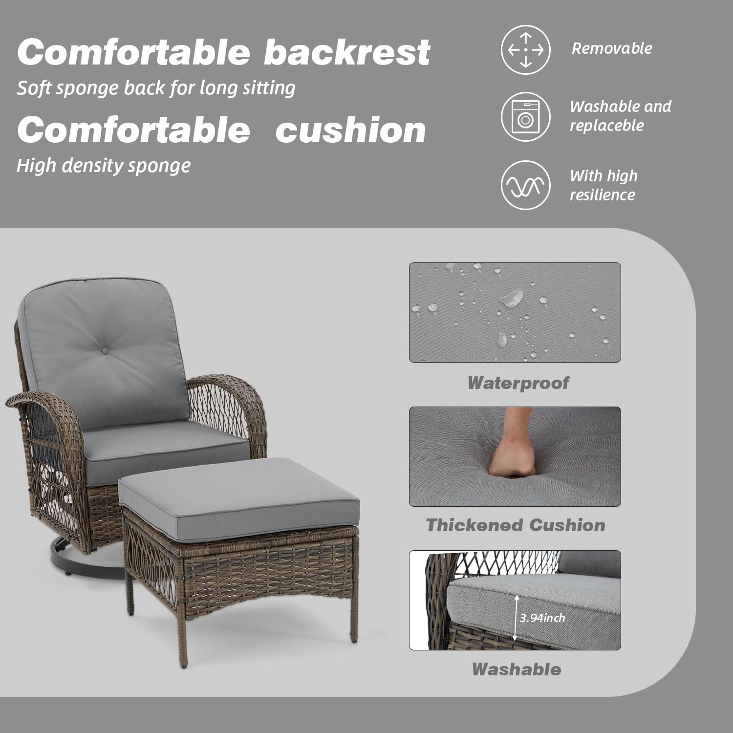 MELLCOM 5 Pieces Patio Furniture Set, Outdoor Swivel Rocker Patio Chairs with Ottomans, Wicker Conversation Set with Rocking Chair, Thickened Cushions, Glass Coffee Table for Backyard, Grey