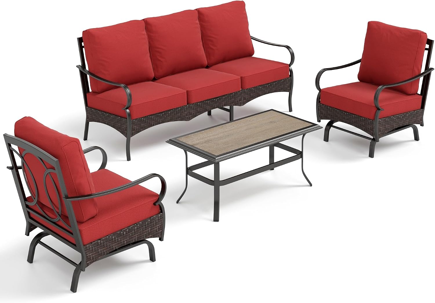 PHI VILLA Outdoor Modern Patio Furniture Set, Upgraded Wicker & Metal Patio Furniture Conversation Set with Waterproof Thick Cushions for Porch, Poolside, Yard (4 Pieces,Red)