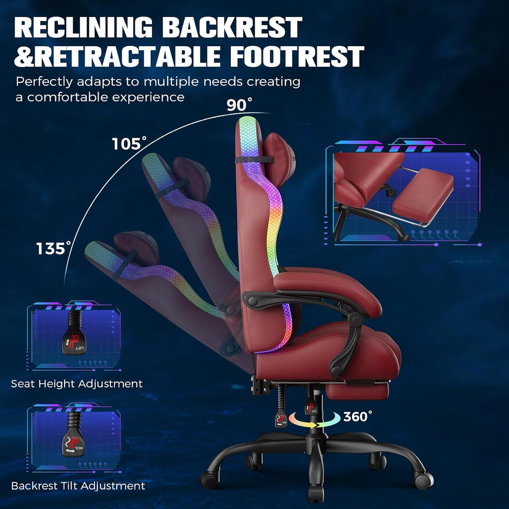 GTPLAYER Gaming Chair, Computer Chair with RGB LED Lights, High Back Ergonomic Chair for Adults with Footrest, Reclining Office Chairs, Linkage Armrest, Wine Red
