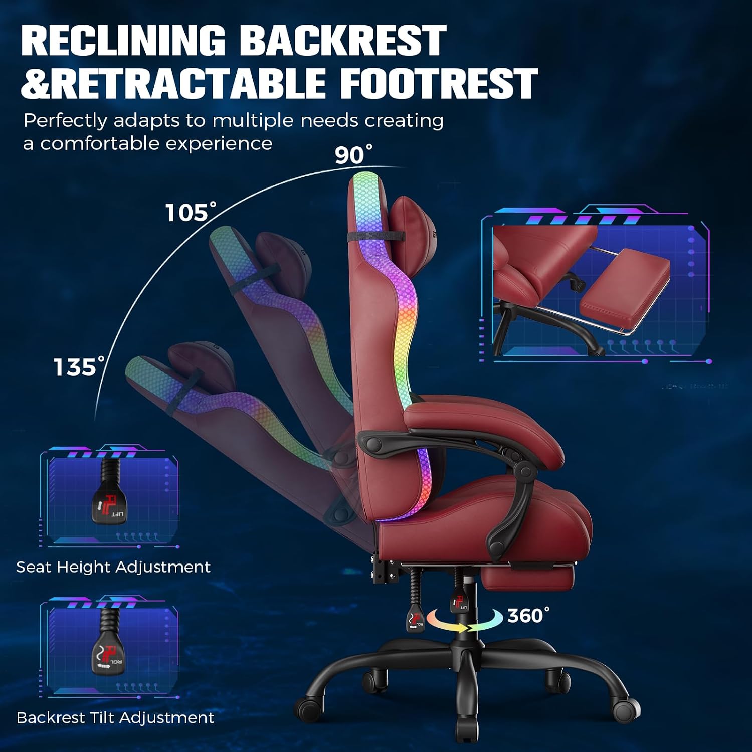 GTPLAYER Gaming Chair, Computer Chair with RGB LED Lights, High Back Ergonomic Chair for Adults with Footrest, Reclining Office Chairs, Linkage Armrest, Wine Red