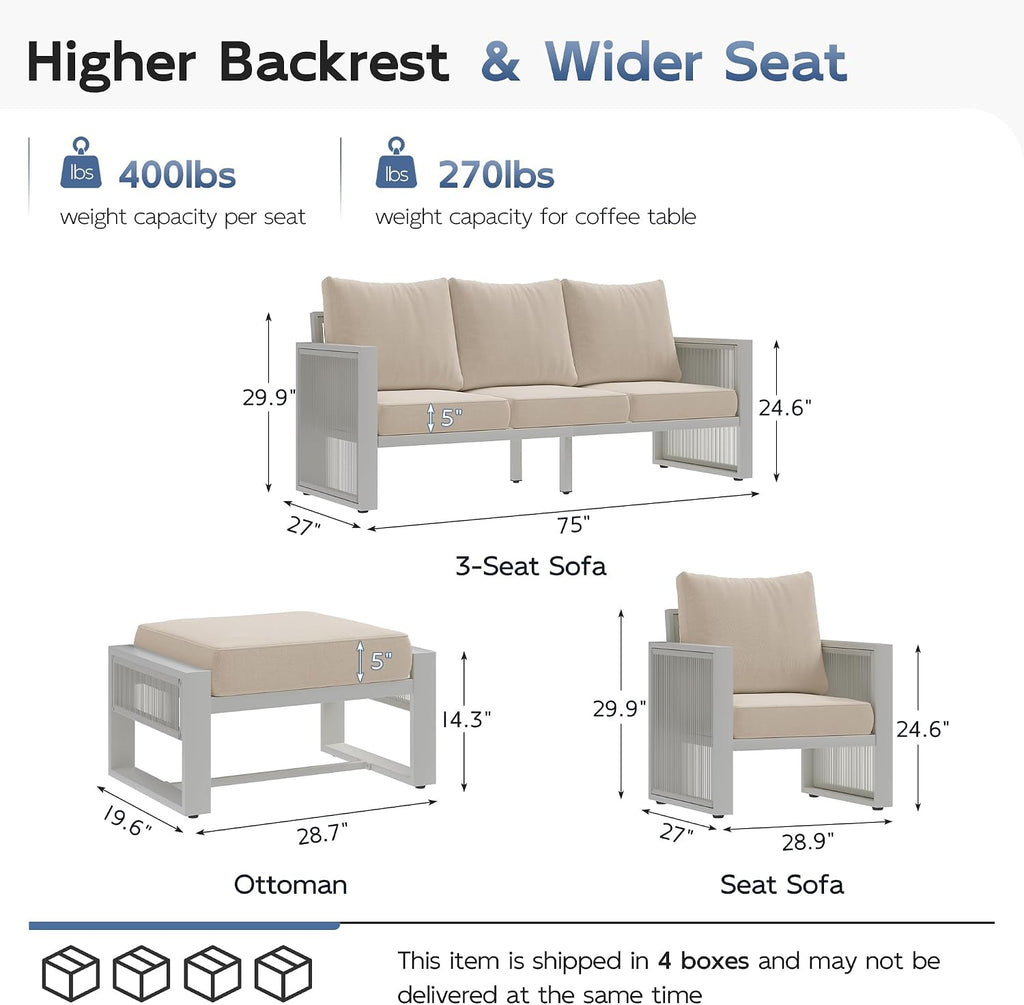 Amopatio Aluminum Patio Furniture Set with Ottoman, 5 Piece Modern Aluminum Outdoor Furniture, with 5' Beige Thickend Cushions, for Garden, Porch, Balcony, Light Grey Frame
