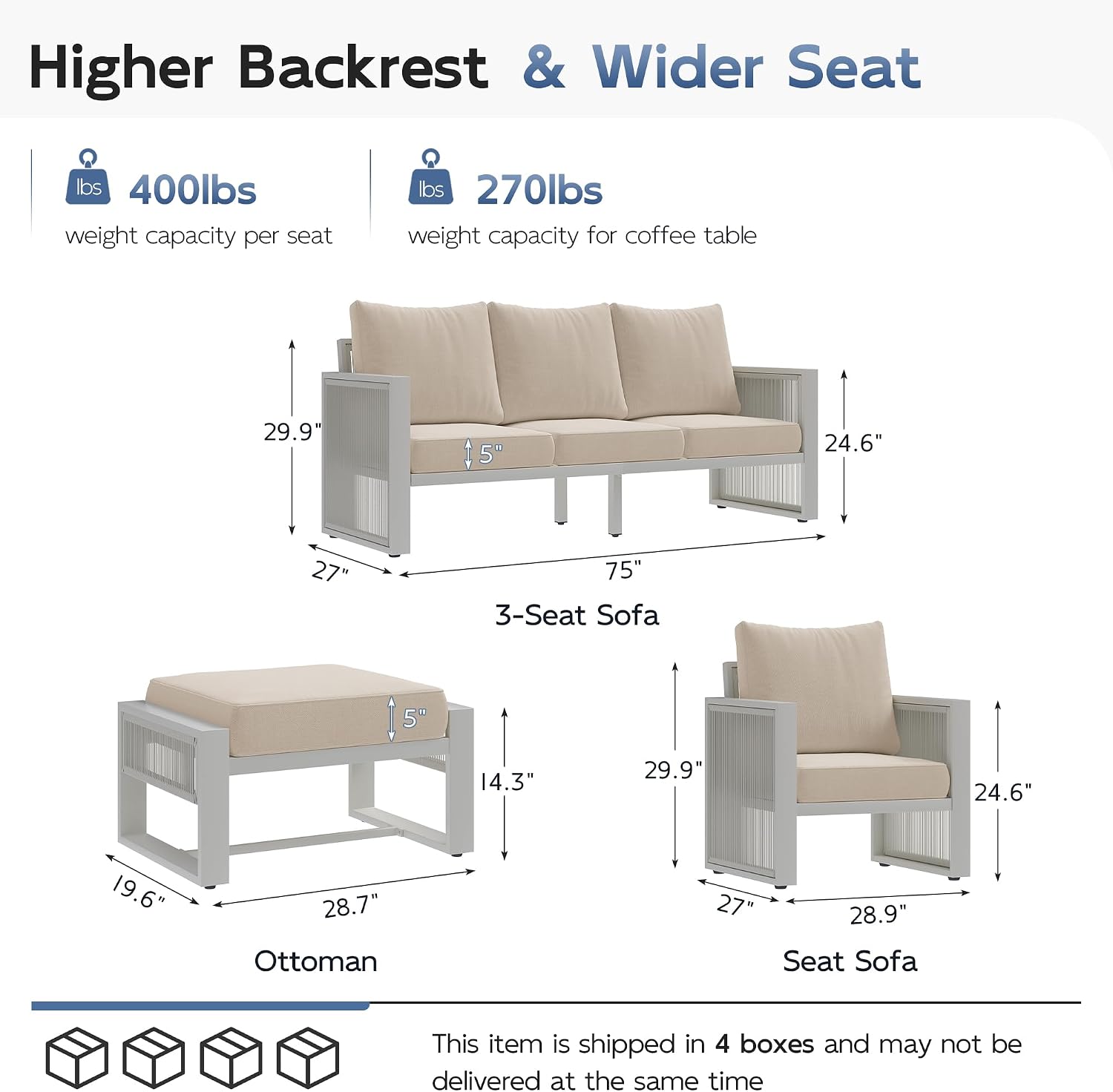 Amopatio Aluminum Patio Furniture Set with Ottoman, 5 Piece Modern Aluminum Outdoor Furniture, with 5' Beige Thickend Cushions, for Garden, Porch, Balcony, Light Grey Frame