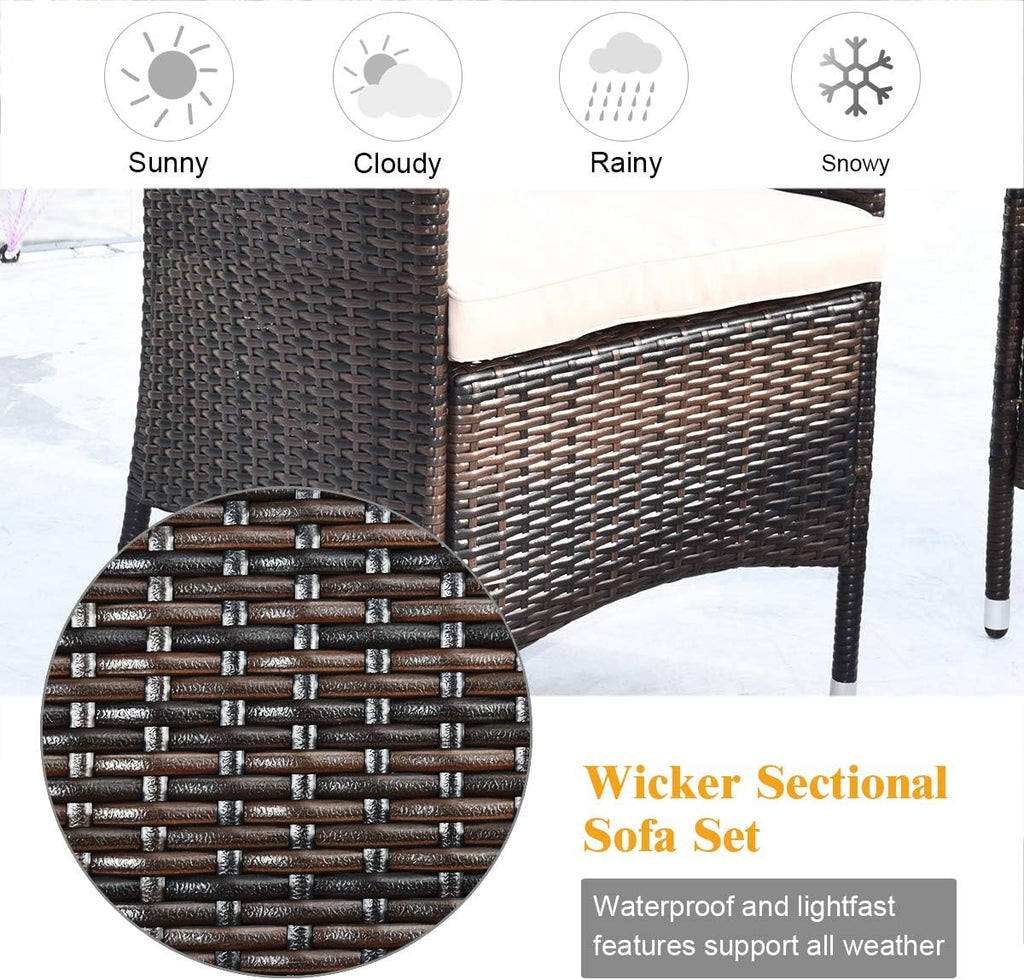 Tangkula 8 PCS Patio Rattan Conversation Set, Outdoor Wicker Furniture Set with Tempered Glass Coffee Table &Thick Cushion, Rattan Chair Wicker Set for Garden, Lawn, Poolside and Backyard (2, Brown)