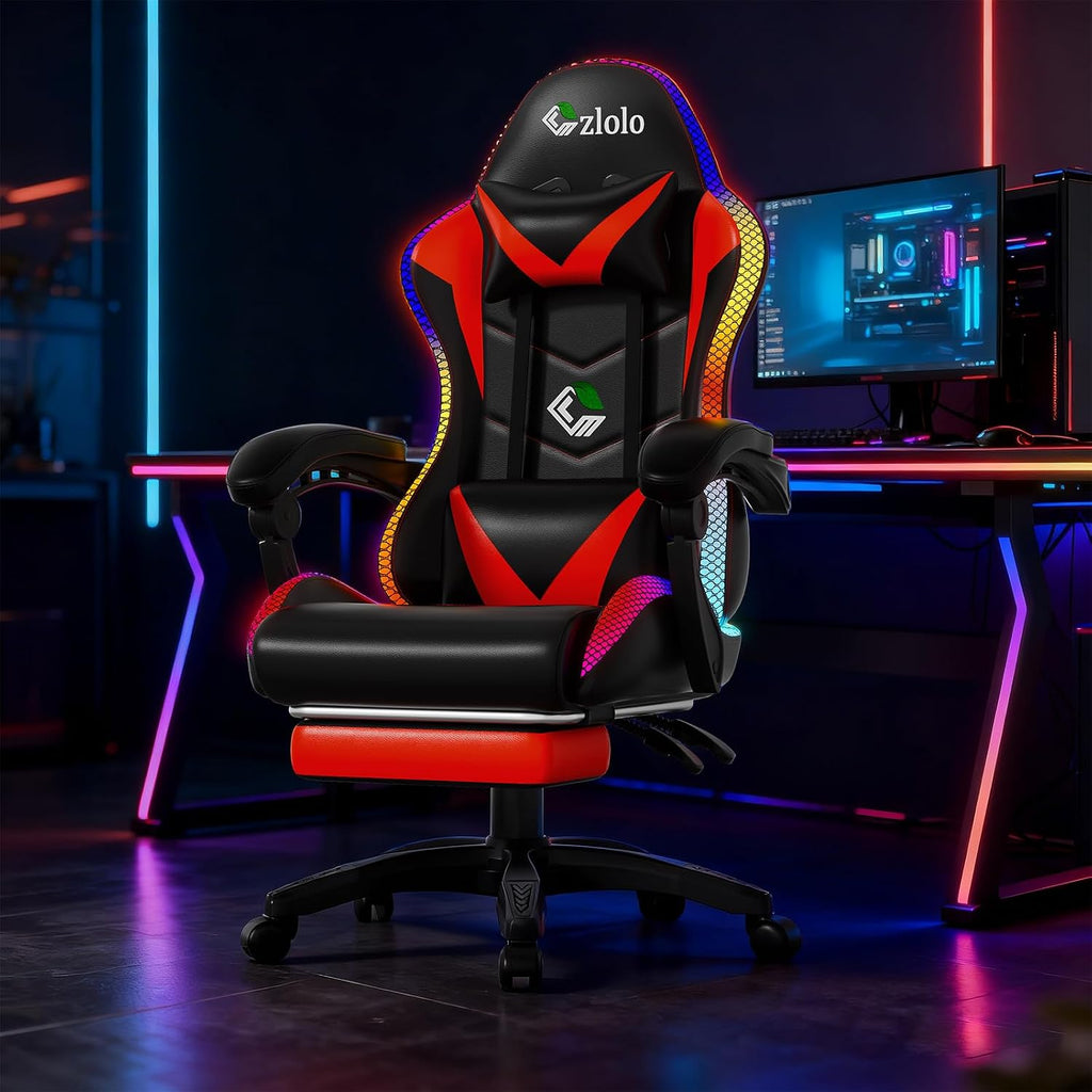 Czlolo Gaming Chair, RGB LED Lights Computer Chair with Footrest, Lumbar Support Massager Gamer Chair, High Back, 90-135° Reclining, Linkage Armrests, Red