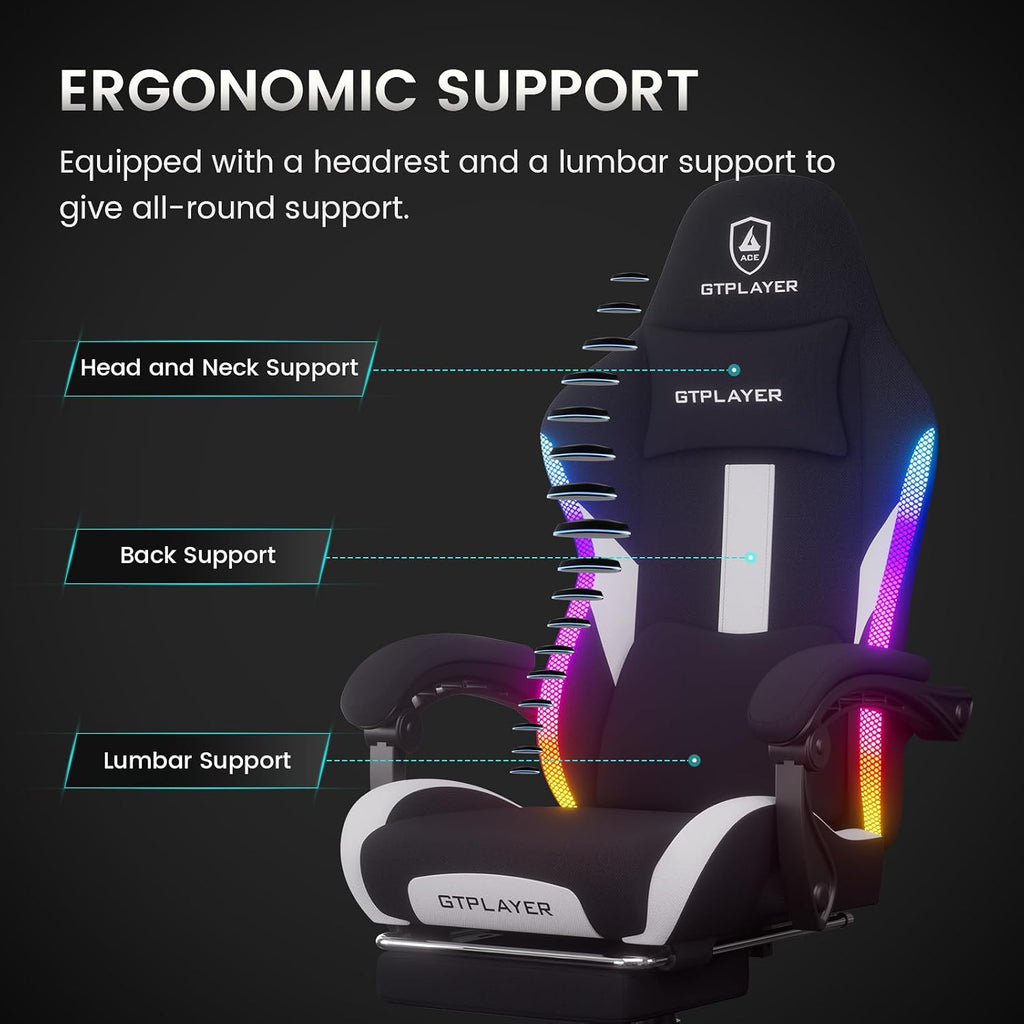 GTPLAYER RGB Gaming Chair with Footrest, LED Lights, Ergonomic Computer Chair with Linkage Armrest, Breathable Fabric for Home Office Desk - Video Game Chairs for Adults, Warm Red