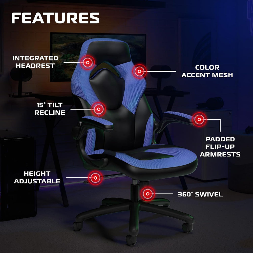 RESPAWN 3085 Ergonomic Gaming Chair for Adults, High Back Office Chair with Headrest and Flip Up Arms, Leather Racing Style Gaming Seat with Lumbar Support, Video Game Computer Desk Seat - Blue