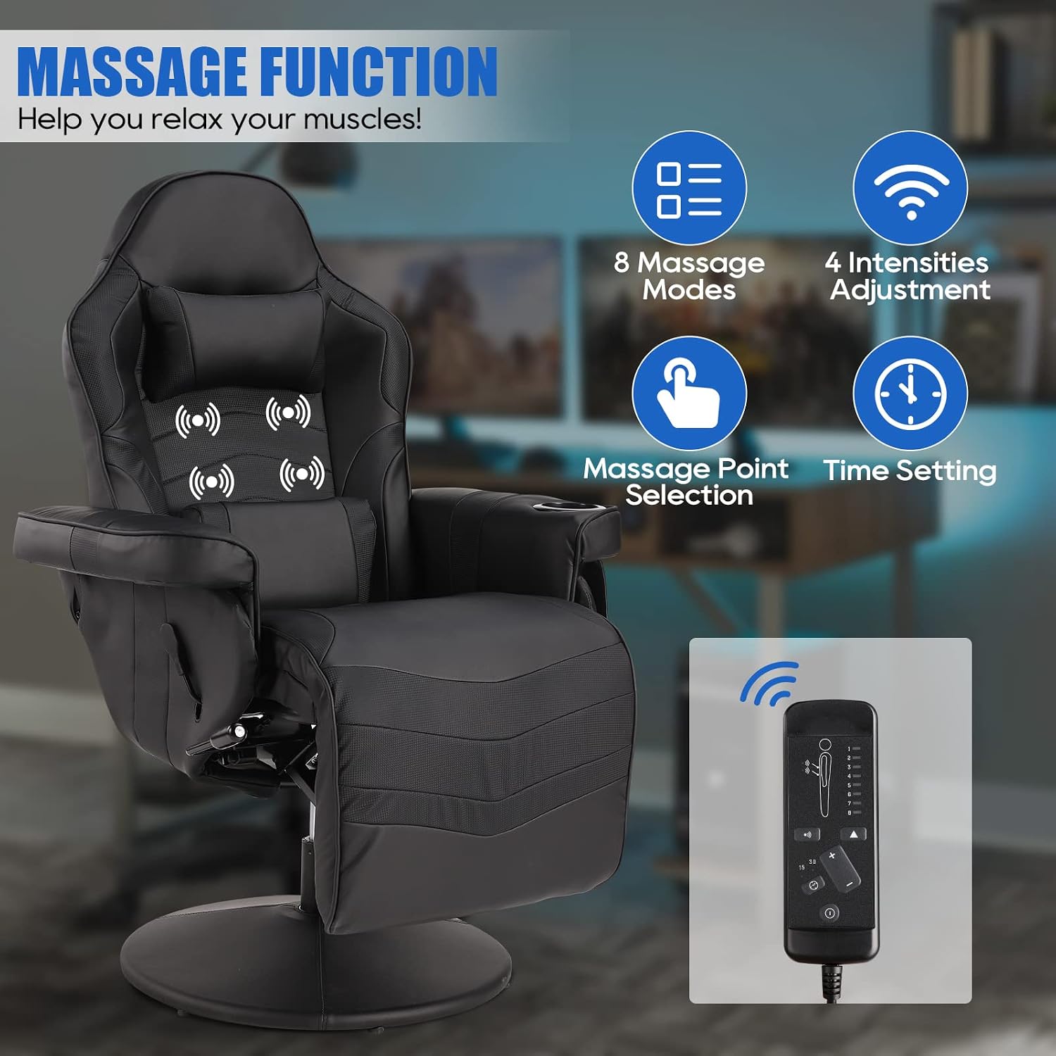 Gaming Chairs for Adults, Reclining Gaming Chair with Footrest, Massage Video Gaming Recliner Chair w/Adjustable Height, Swivel Game Chair with Lumbar Support, Side Pouch