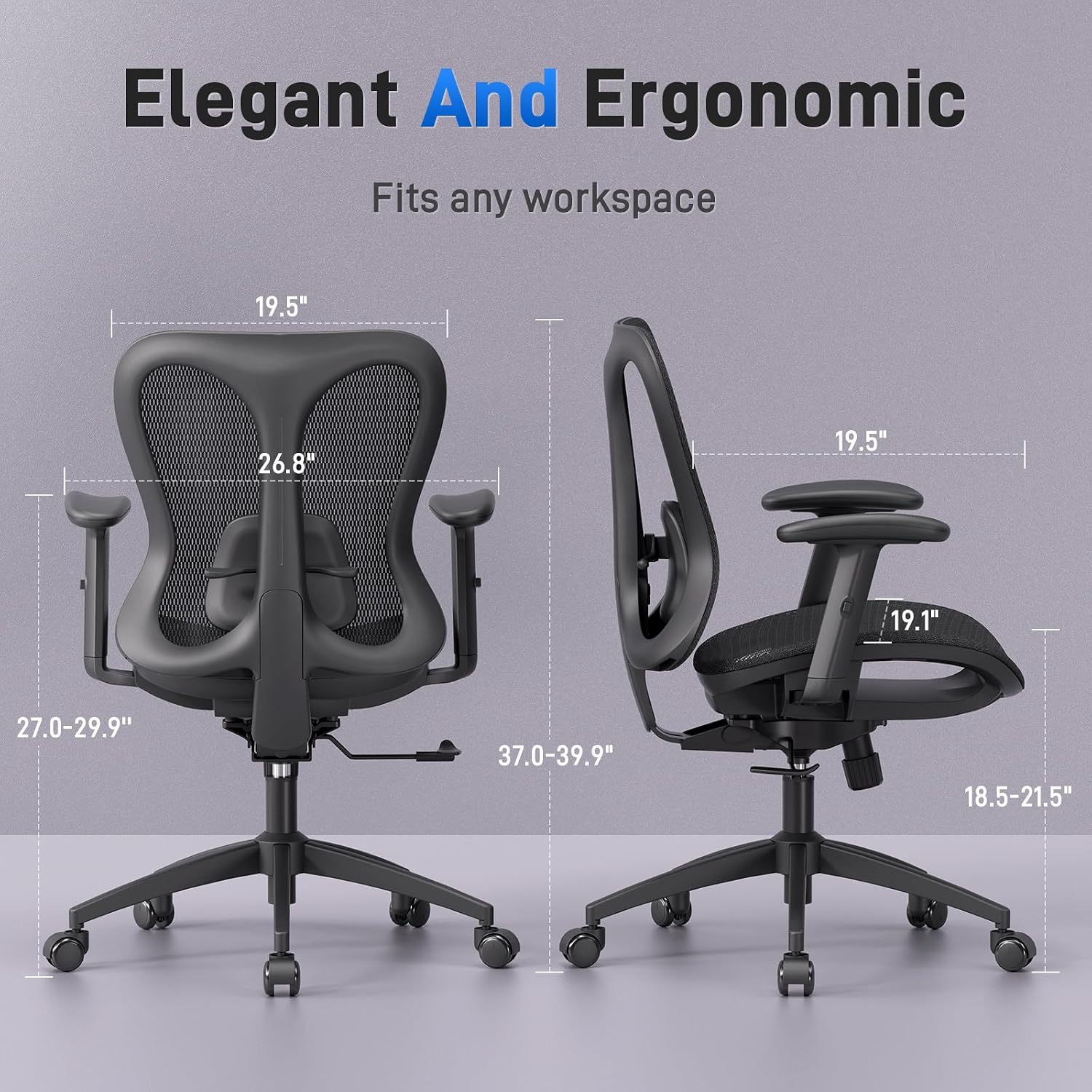 amseatec Ergonomic Office Desk Chair, Comfortable Computer Gaming Chair, Breathable Mesh Back & Seat, Adjustable Armrest, Lumbar Support, Butterfly Design for Home Office (Black)