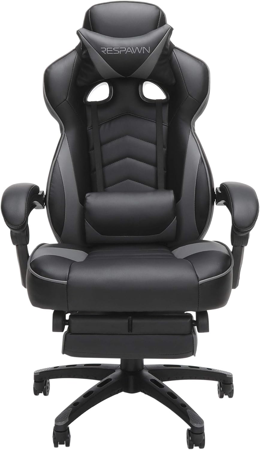RESPAWN 110 Ergonomic Gaming Chair with Footrest Recliner - Racing Style High Back PC Computer Desk Office Chair - 360 Swivel, Adjustable Lumbar Support, Headrest Pillow, Padded Armrests - 2019 Grey