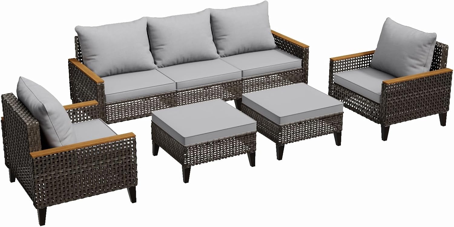 7 Piece Patio Furniture Set, All-Weather Wicker Rattan Outdoor Sectional Sofa Set with High Backrest and Thick Cushions for Garden, Porch, Poolside, Grey
