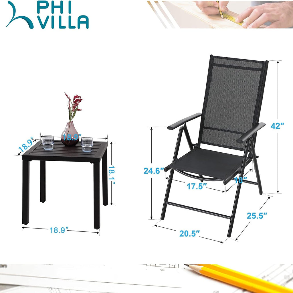 PHI VILLA 3 pcs Patio Bistro Set, Outdoor Bistro Furniture Set with 2 Reclining Folding Sling Chair & 1 Small Metal Square Side Table