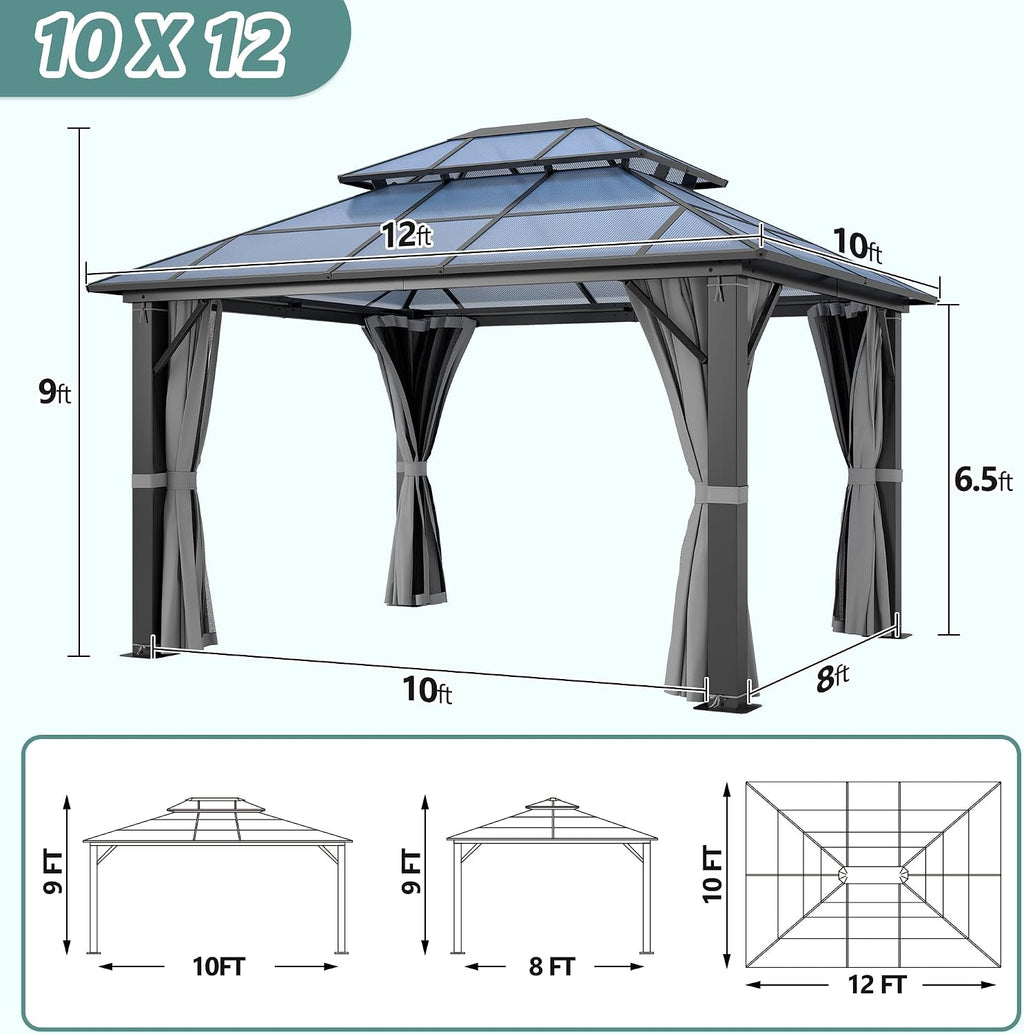 10'x12' Hardtop Gazebo, Outdoor Polycarbonate Gazebo with Netting & Shaded Curtains, Aluminum Frame Heavy Duty Gazebo for Patio, Backyard, Deck and Lawn