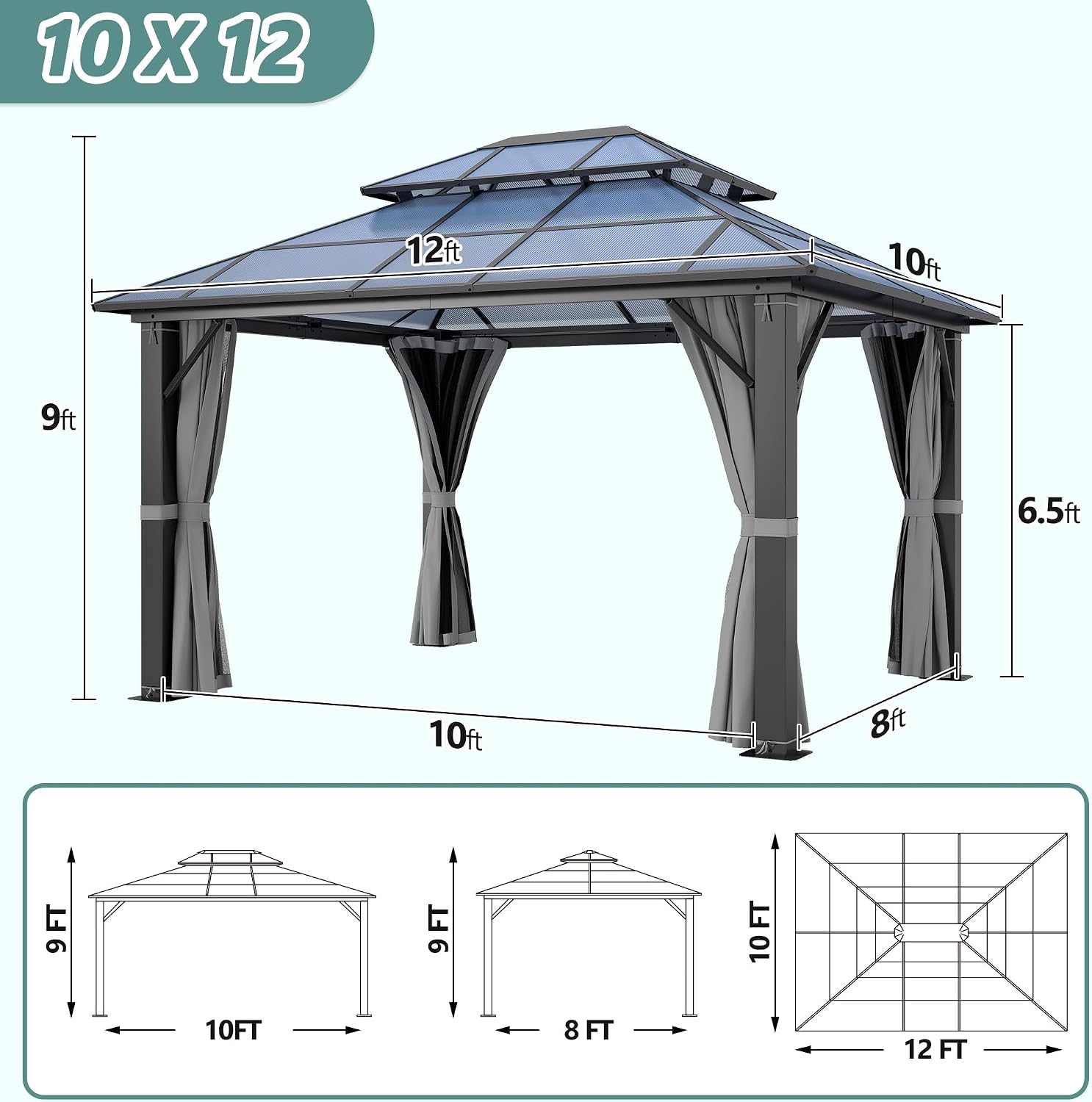 10'x12' Hardtop Gazebo, Outdoor Polycarbonate Gazebo with Netting & Shaded Curtains, Aluminum Frame Heavy Duty Gazebo for Patio, Backyard, Deck and Lawn