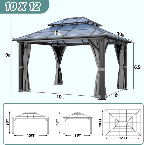 10'x12' Hardtop Gazebo, Outdoor Polycarbonate Gazebo with Netting & Shaded Curtains, Aluminum Frame Heavy Duty Gazebo for Patio, Backyard, Deck and Lawn