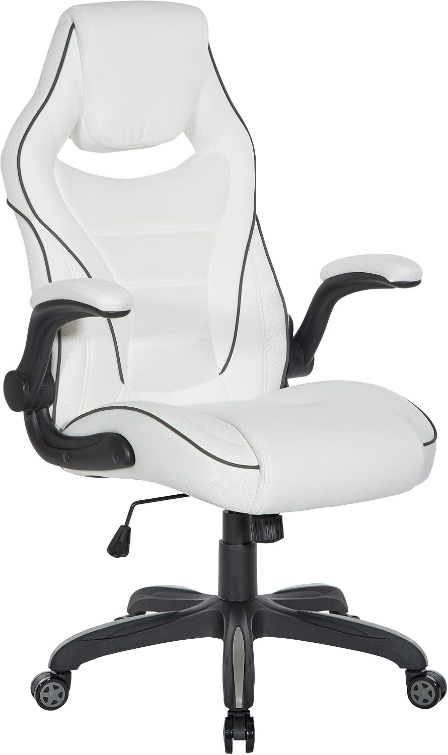 OSP Home Furnishings Xeno Ergonomic Adjustable Faux Leather Gaming Chair with Integrated Headrest and Airflow Cooling Material, White with Black Accents
