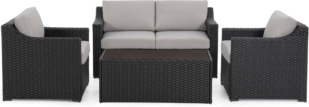 HAPPATIO Patio Conversation Set for 4, Modern Outdoor Sectional Sofa, PE Rattan Wicker (Brown/Grey)