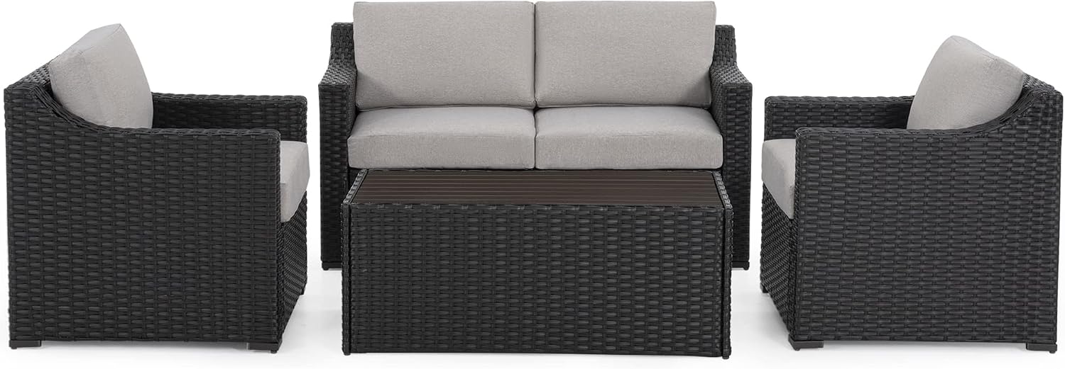 HAPPATIO Patio Conversation Set for 4, Modern Outdoor Sectional Sofa, PE Rattan Wicker (Brown/Grey)
