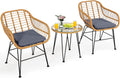 Tangkula 3 Pieces Patio Bistro Set, Rattan Conversation Set with 2 Cushioned Armchairs & Round Glass Coffee Table, Indoor Outdoor Wicker Furniture Set for Balcony, Backyard, Garden, Poolside