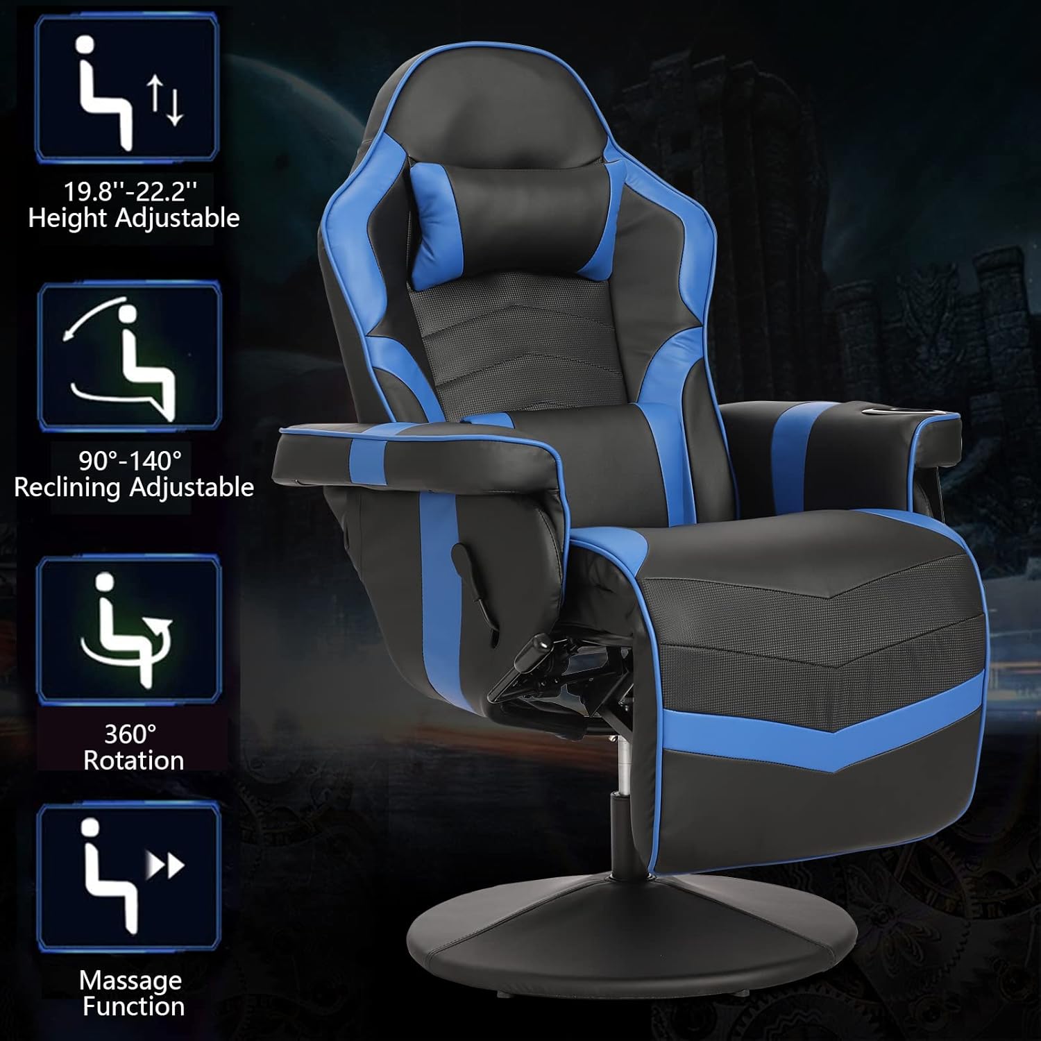 Gaming Chair, Reclining Gaming Chair with Footrest, PU Leather Game Chair Recliner with Massage, Swivel Recliner Gaming Chairs for Adults with Cup Holder, Lumbar Support, Side Pouch (Blue)