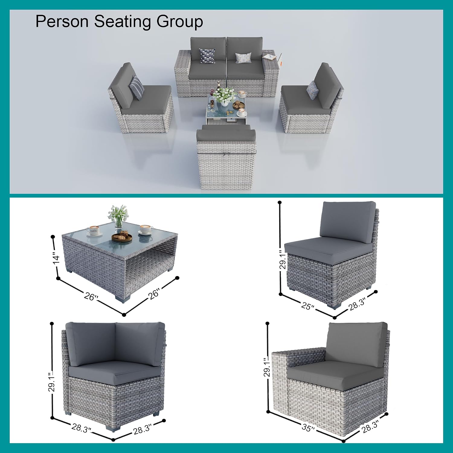 6-Piece Patio Furniture Set, Outdoor Extra Wide Armrest Modular Patio Sofa, Dual-Strand Rattan Wicker, Rust-Resistant Frame, Backyard High Back, Large Seat Furniture for Porch Garden Balcony, Grey