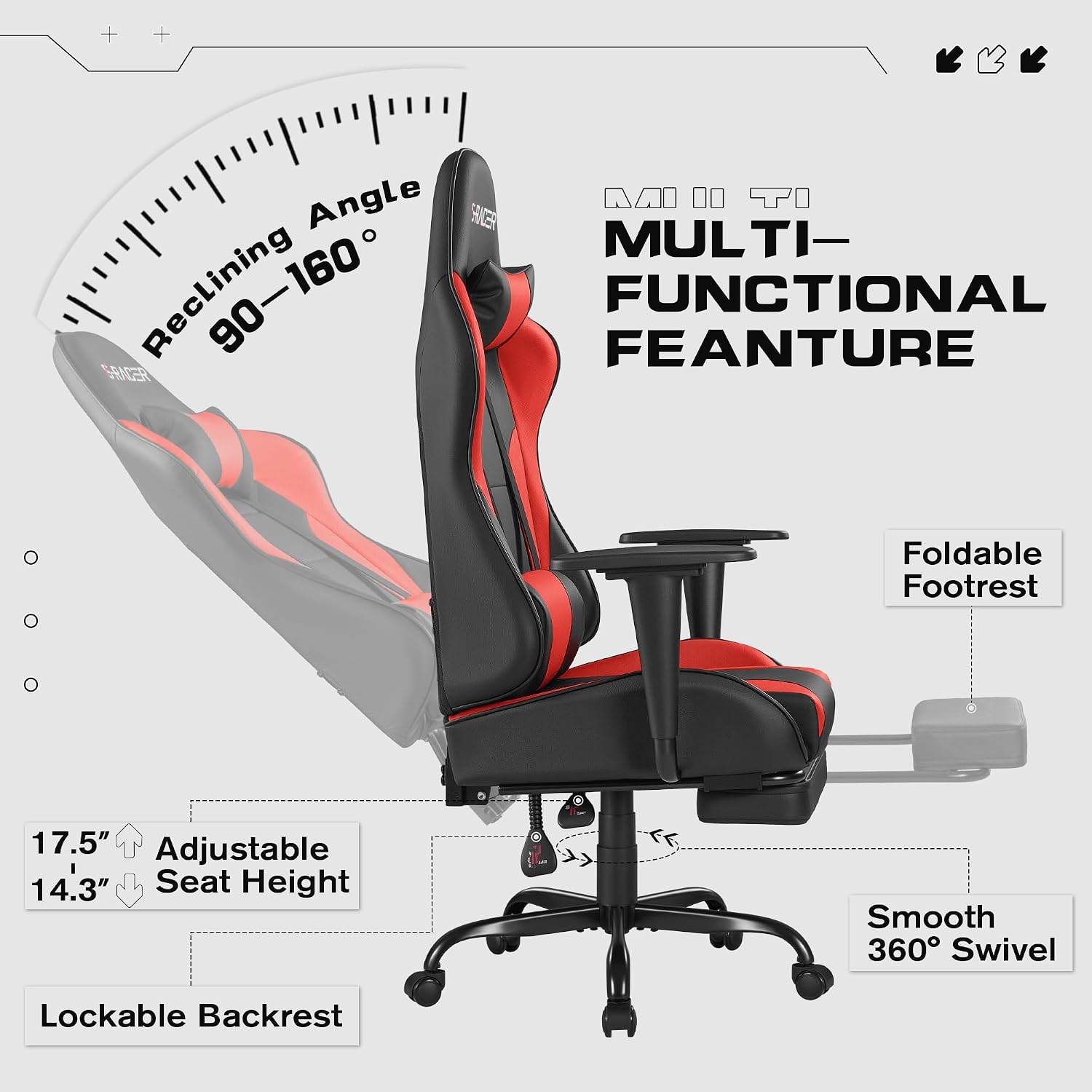 Homall Gaming Chairs, Computer Chair with Footrest and Massage Lumbar Support, Height Adjustable Game Chair with Headrest and Swivel Seat (Red)