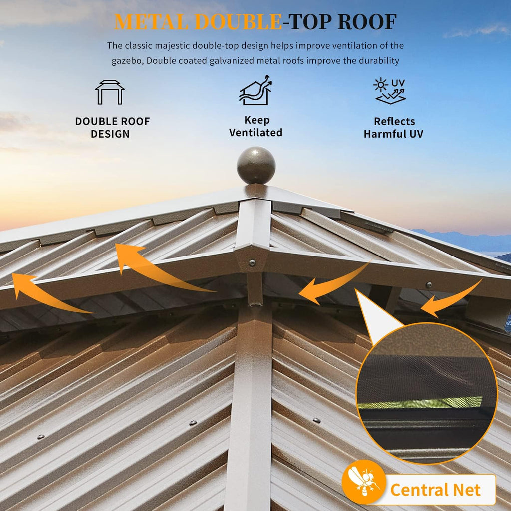 YOLENY 10'x12' Hardtop Gazebo with Double Galvanized Steel Roof, Gutters, Aluminum Frame, Curtains & Netting, Outdoor Metal Gazebos for Patio Garden Lawn Parties
