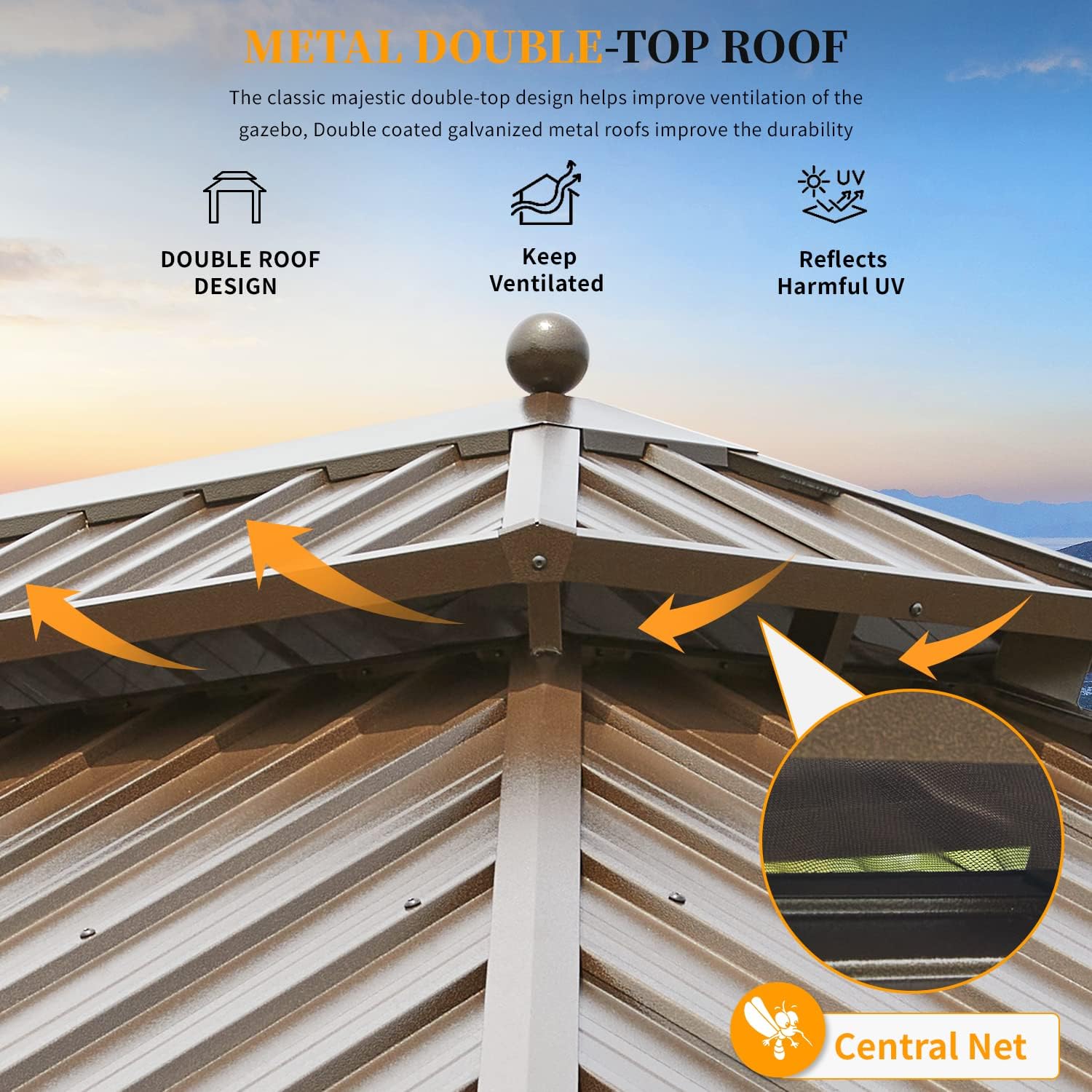 YOLENY 10'x12' Hardtop Gazebo with Double Galvanized Steel Roof, Gutters, Aluminum Frame, Curtains & Netting, Outdoor Metal Gazebos for Patio Garden Lawn Parties