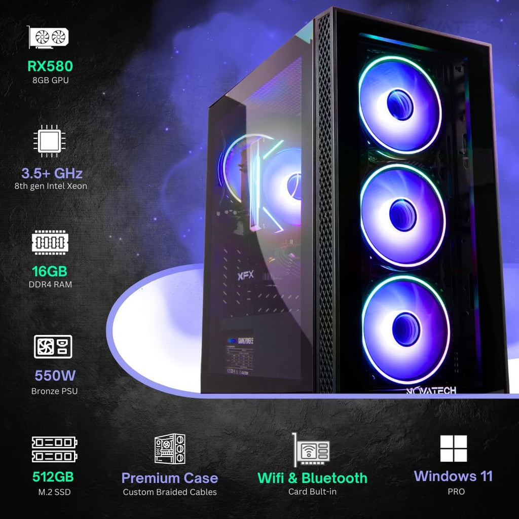 NOVATECH Phantom - Prebuilt Gaming PC Desktop Computer - RX580 8GB - Core i7 Xeon 3.5GHz - 16GB RAM - 512GB M.2 SSD WiFi/BT, Win 11 Pro - Gaming Computer Tower - Pre Built PC Gaming - 1 Year Warranty