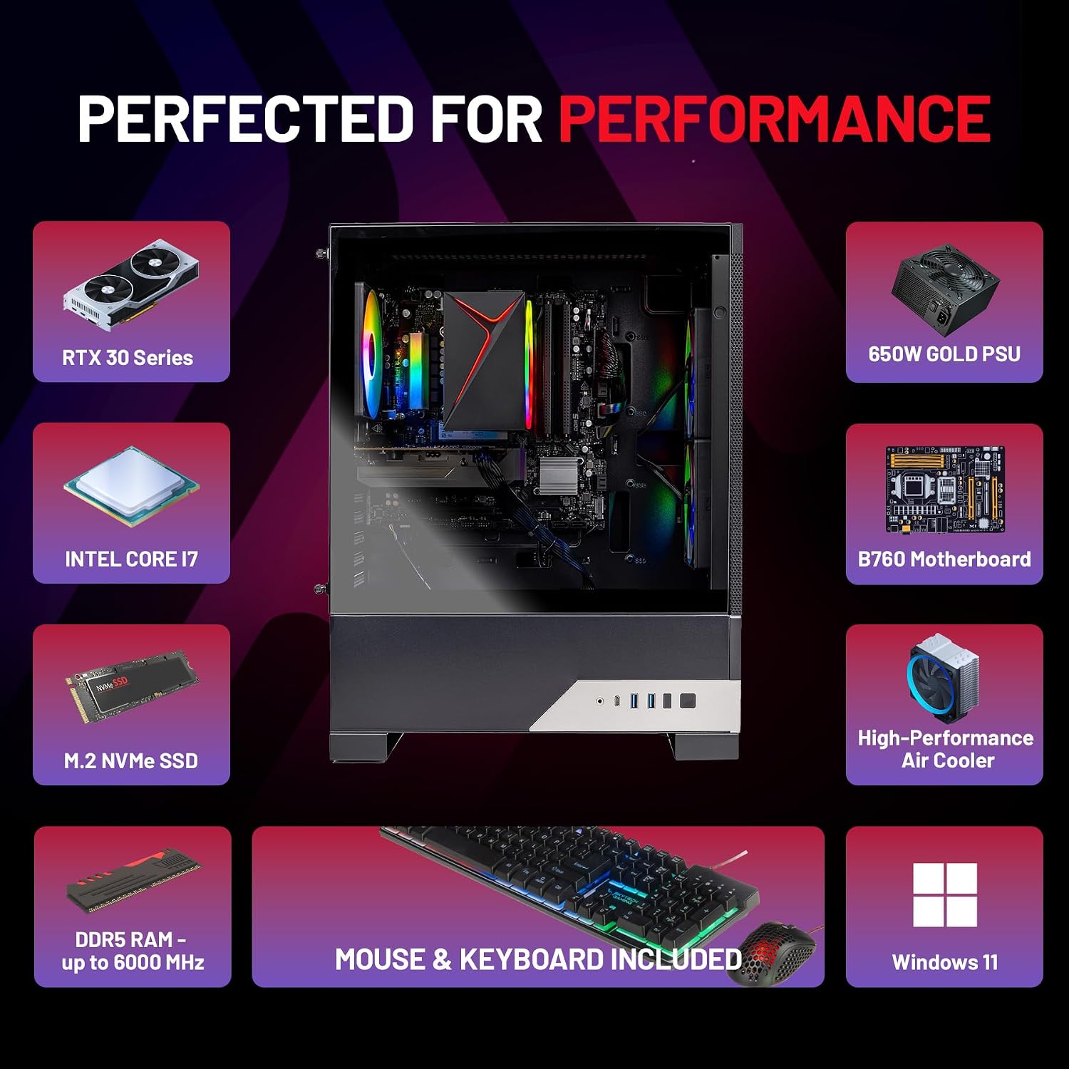 Skytech Gaming Nebula 2 Gaming PC, Intel i5 14400F 2.5GHz, NVIDIA RTX 3050 6GB VRAM, 1TB NVMe SSD, 16GB DDR5 RAM 6000, 650W Gold PSU, WI-FI 5, Windows 11, Desktop