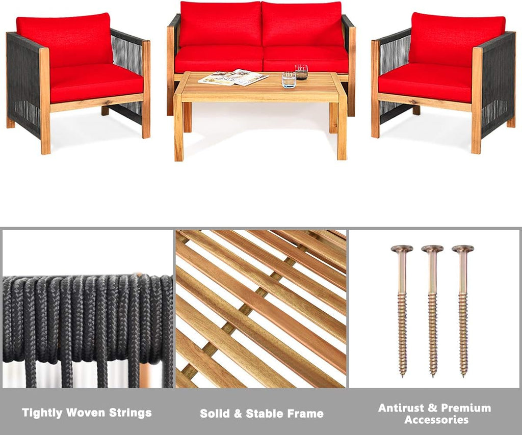 Tangkula Outdoor Wood Furniture Set, Acacia Wood Frame Loveseat Sofa, 2 Single Chairs and Coffee Table, 4 Pieces Conversation Set with Cushions, Garden Balcony Poolside Outdoor Living Set (1, Red)
