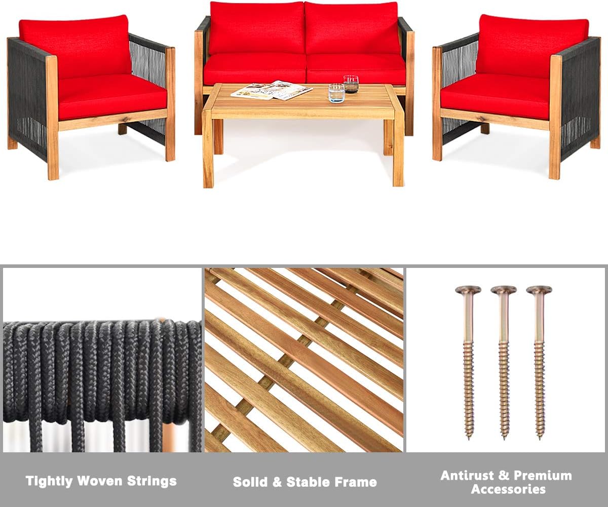 Tangkula Outdoor Wood Furniture Set, Acacia Wood Frame Loveseat Sofa, 2 Single Chairs and Coffee Table, 4 Pieces Conversation Set with Cushions, Garden Balcony Poolside Outdoor Living Set (1, Red)