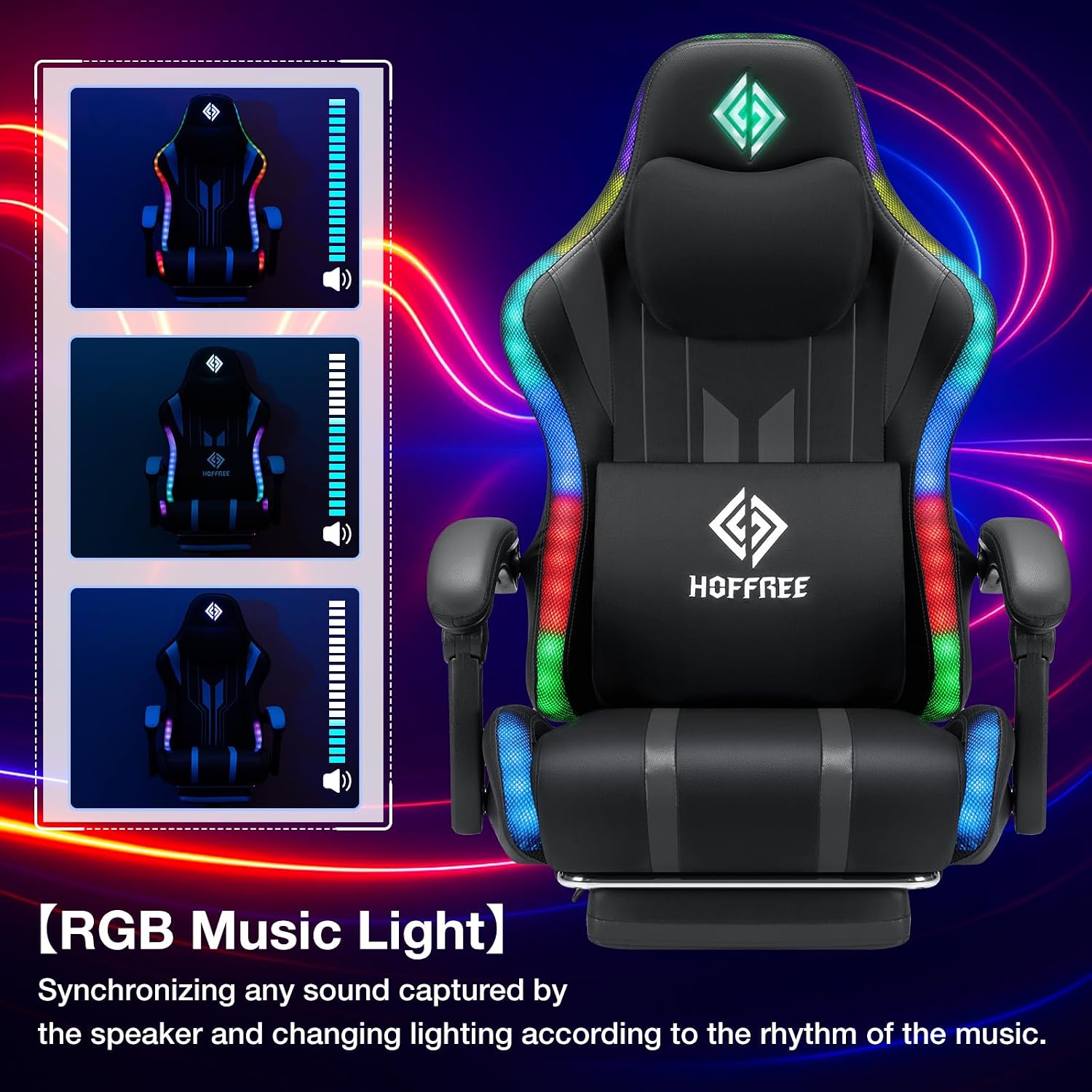 HOFFREE Gaming Chair with Music Rhythm RGB LED Lights and Bluetooth Speakers Ergonomic Massage Computer Gaming Chair with Footrest Video Game Chair High Back with Lumbar Support Grey and Black