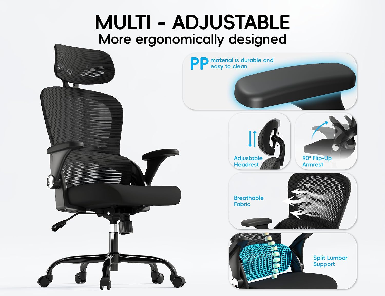 TRALT Office Chair - Ergonomic Office Chair with Back Support, Computer Chair - Home Office Desk Chair, 330 lbs Wide Seat Big and Tall Office Chairs with Headrest, Comfy Desk Chairs (Black)
