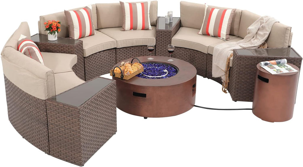 SUNSITT 12 Piece Patio Furniture Set with Fire Pit Outdoor Round Sectional Sofa with 36' Bronze Propane Fire Table & Tank Holder, Brown Rattan