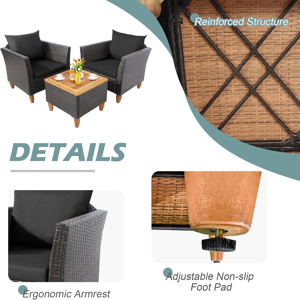 Tangkula 3-Piece Patio Furniture Set, Patiojoy Outdoor PE Wicker Bistro Set with Soft Cushions and Solid Acacia Wood, Outdoor Conversation Set with Porch, Balcony and Garden (Black)
