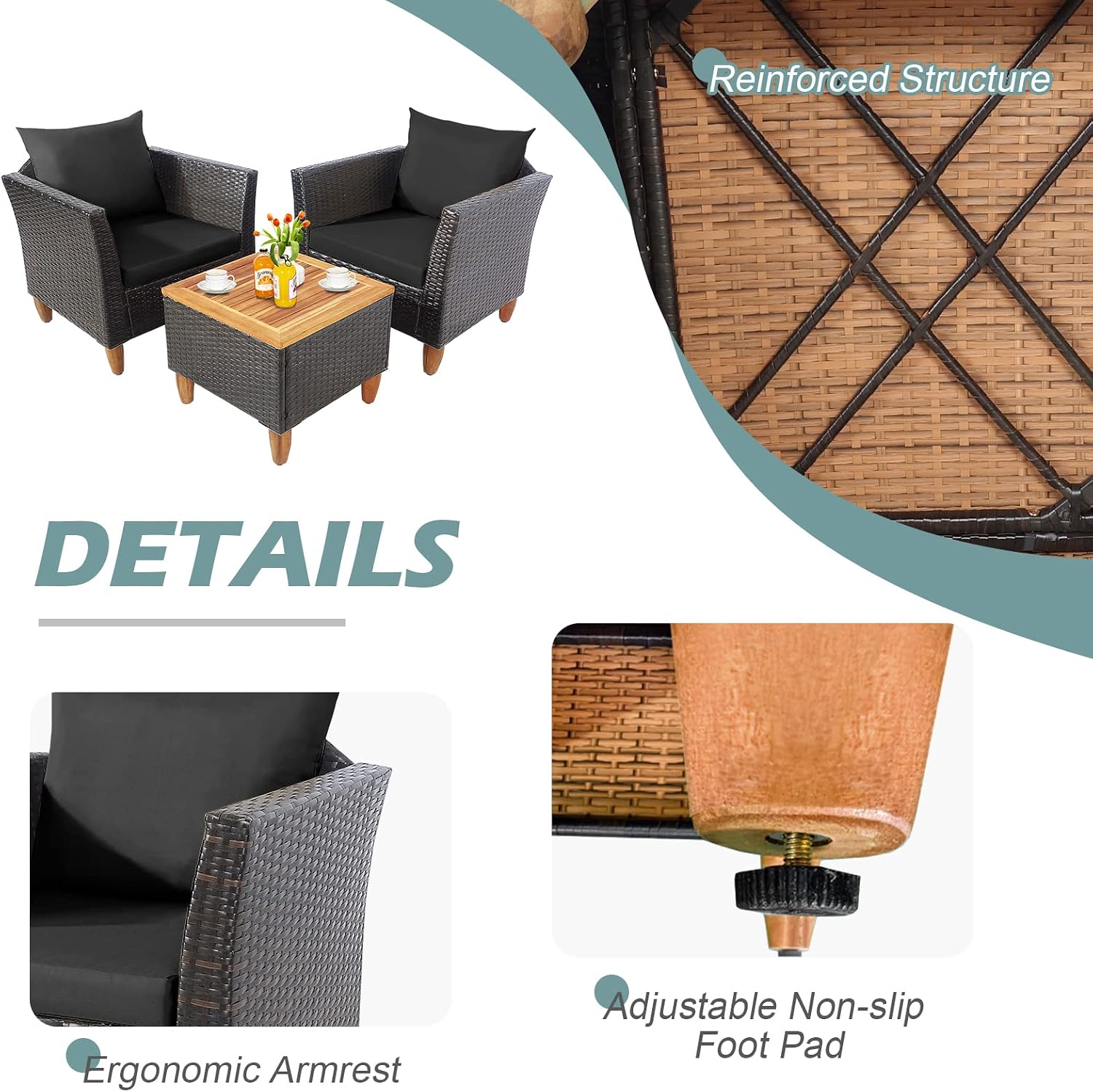 Tangkula 3-Piece Patio Furniture Set, Patiojoy Outdoor PE Wicker Bistro Set with Soft Cushions and Solid Acacia Wood, Outdoor Conversation Set with Porch, Balcony and Garden (Black)