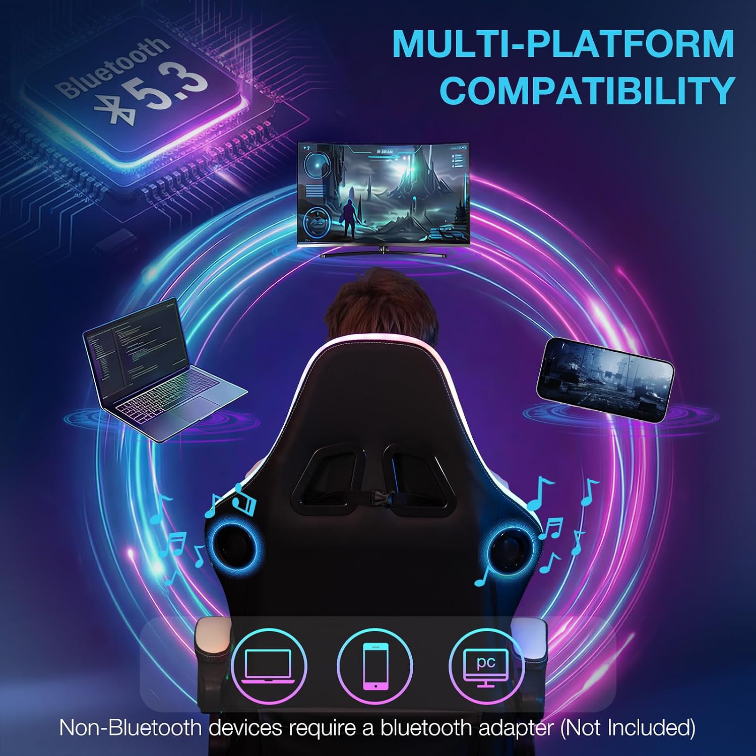 HOFFREE LED Gaming Chair with Bluetooth Speakers Massage Gaming Chair with RGB Lights Big and Tall Game Chairs for 400lbs Heavy People High Back Computer Desk Chair with Footrest White and Black