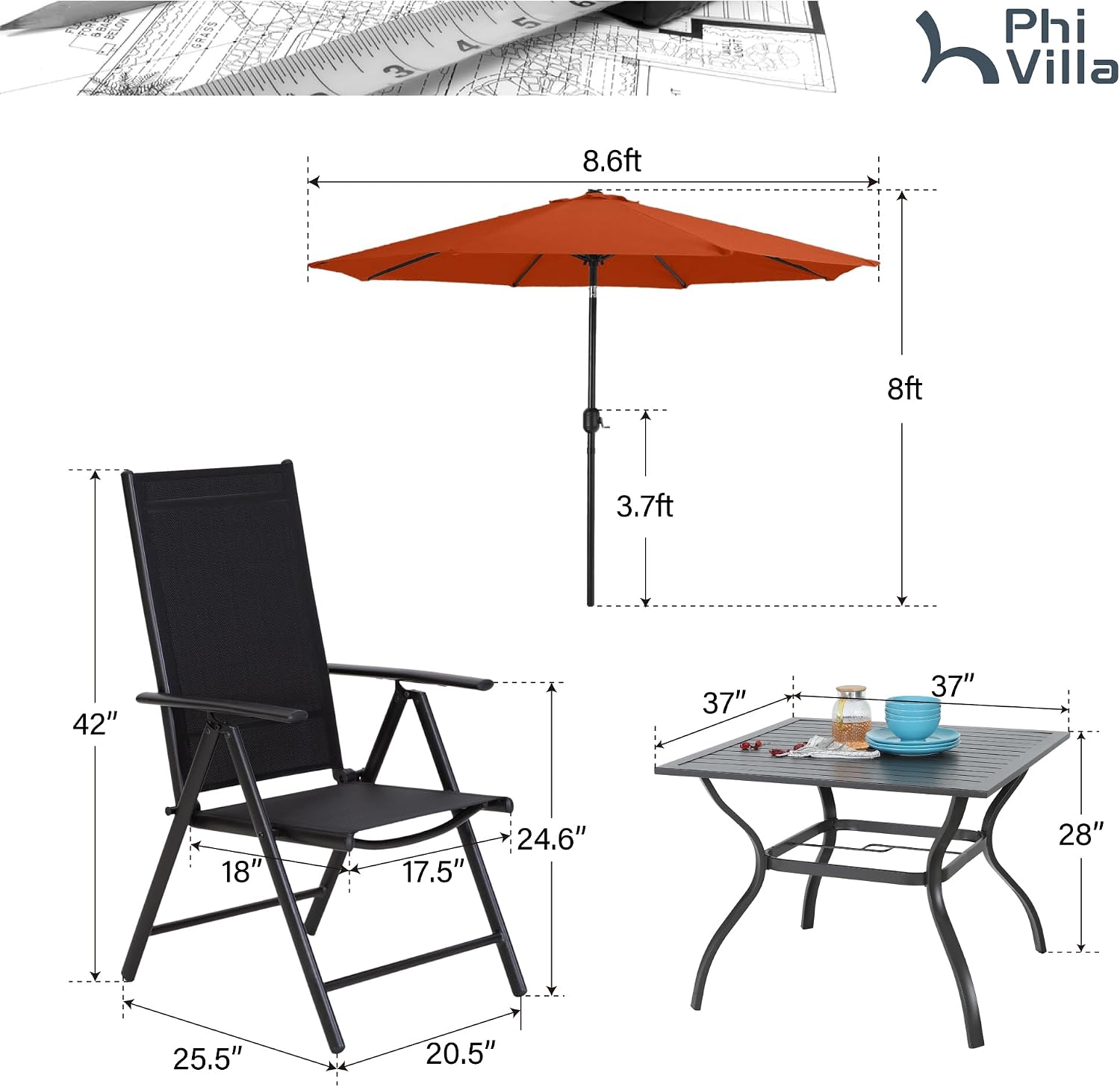 PHI VILLA Outdoor Patio Dining Set for 4 with 9ft Patio Umbrella (No Base), Outdoor Table and Chairs with Adjustable Patio Folding Chair & 37' Metal Dining Table for Garden, Yard and Deck
