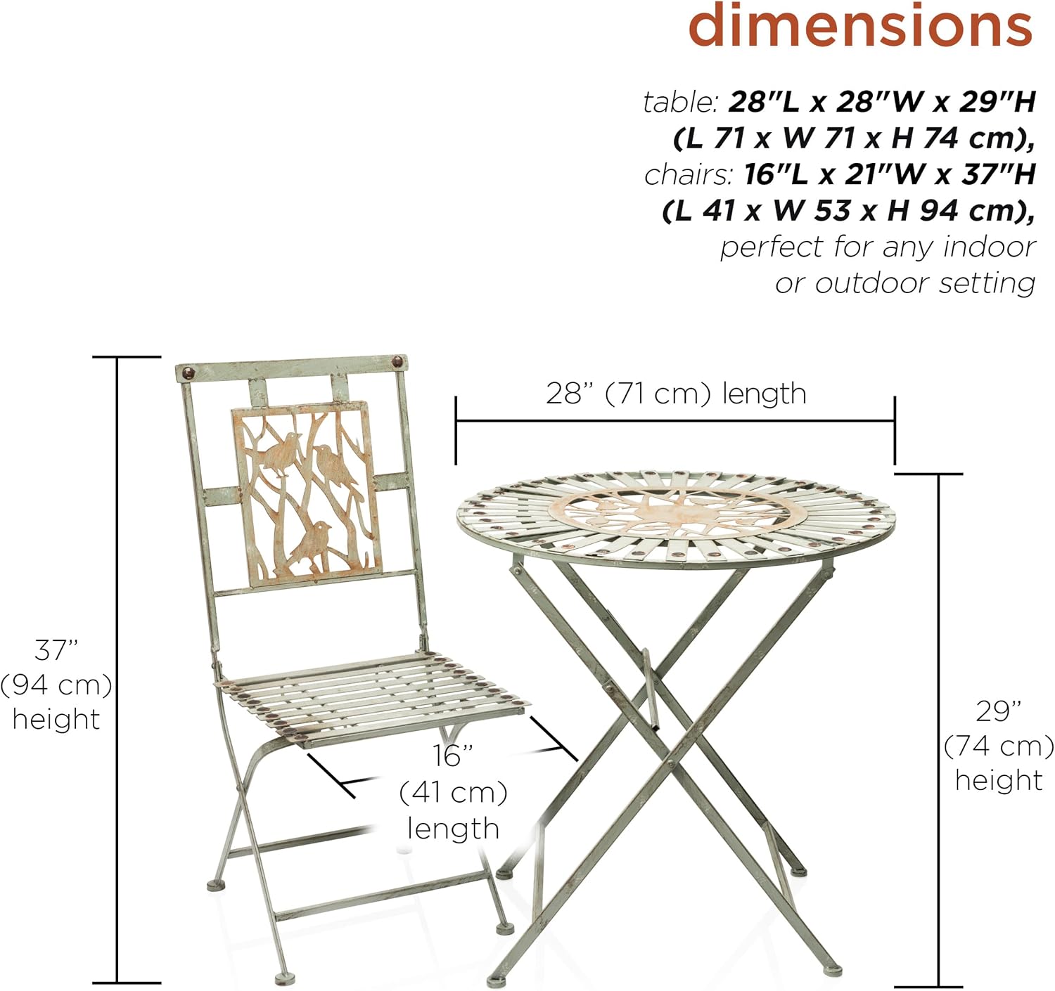 Alpine Corporation Indoor/Outdoor Bird Design 3-Piece Bistro Set Folding Table and Chairs Patio Seating