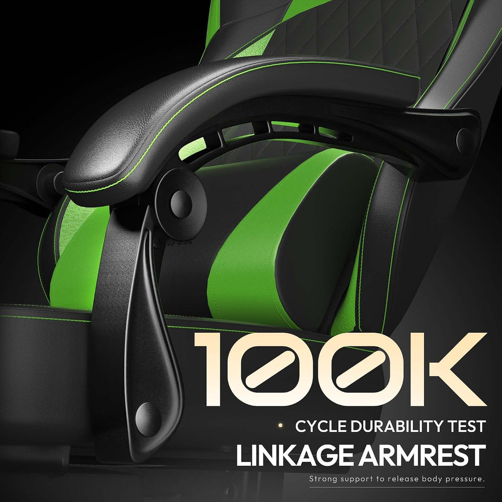 Dowinx Gaming Chair with Pocket Spring Cushion, Ergonomic Computer Chair with Massage Lumbar and Footrest for Adults, High Back Game Chair Leather for Office Gaming 300LBS, Green New