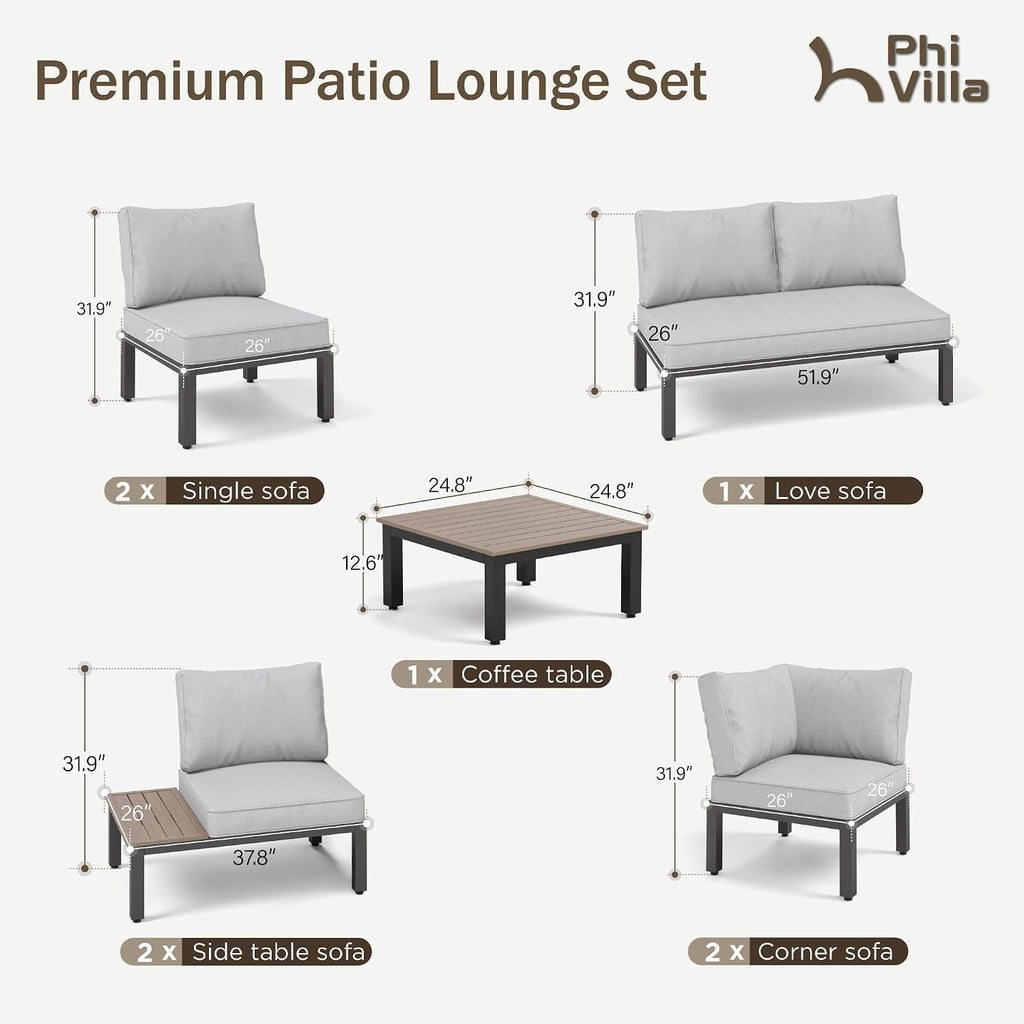 PHI VILLA 8 Pieces Outdoor Patio Furniture Set,Metal Frame Modern Outdoor Sectional Sofa Set,8 Seats with Umbrella Patio Conversation Sets,for Poolside and Backyard,Light Grey