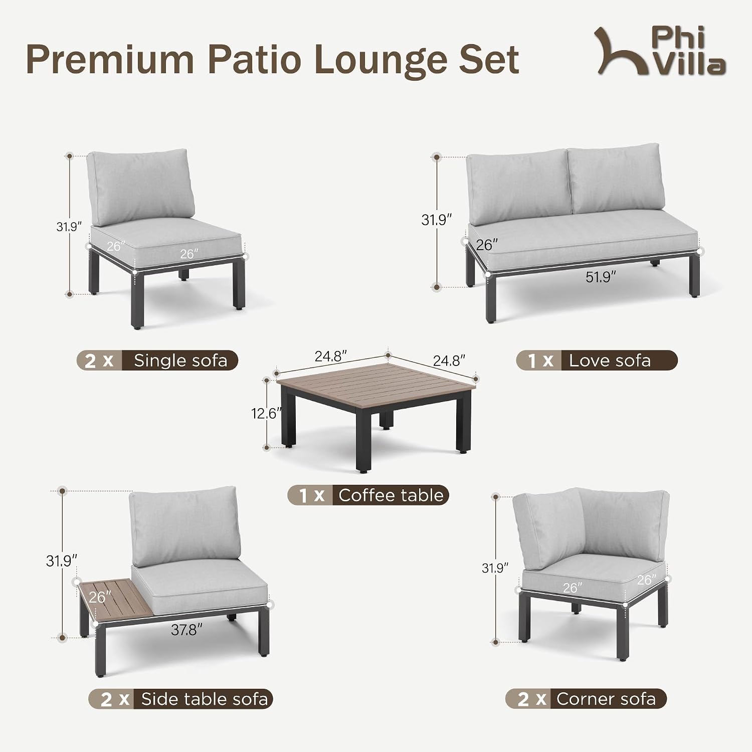 PHI VILLA 8 Pieces Outdoor Patio Furniture Set,Metal Frame Modern Outdoor Sectional Sofa Set,8 Seats with Umbrella Patio Conversation Sets,for Poolside and Backyard,Light Grey