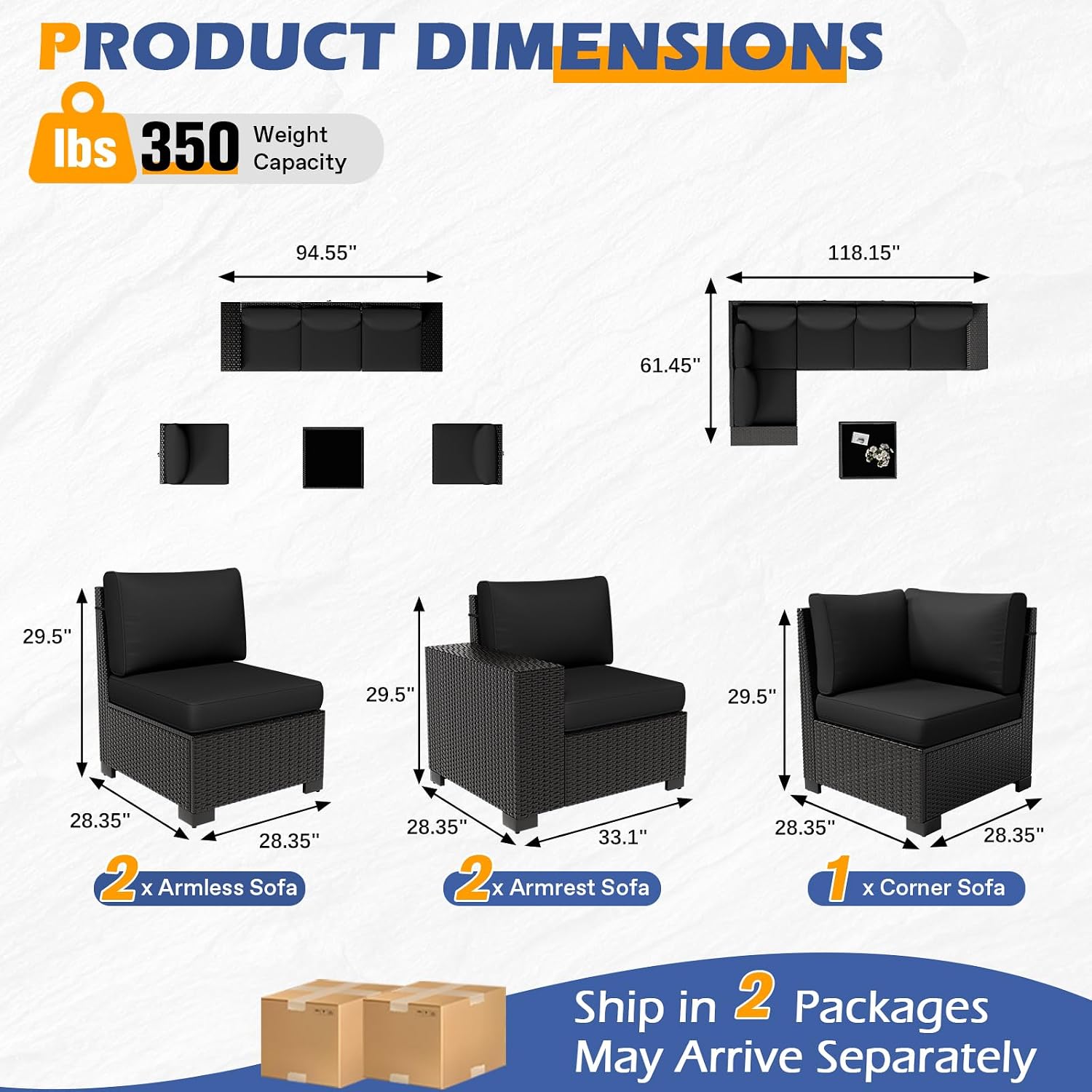 6 Piece Patio Furniture Set, Outdoor Furniture with Thick Cushions, Black Wicker Conversation Set Sectional Sofa for Backyard, Poolside, Garden and Lawn (Black, 6 pcs w/Table)