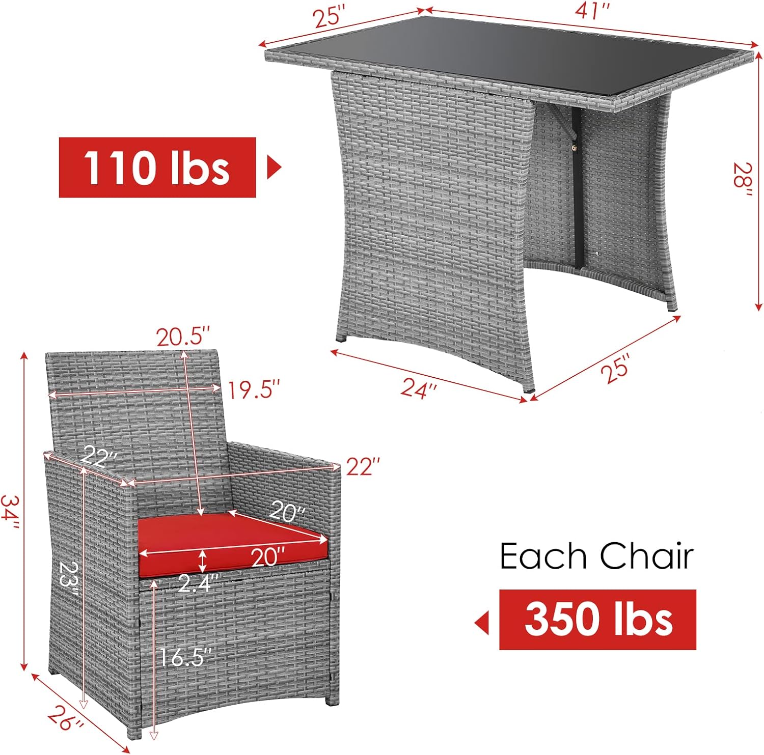 Tangkula 3 Pieces Patio Dining Set, Patiojoy Space-Saving PE Rattan Bistro Set with Tempered Glass Top Table and Cushioned Chairs, Outdoor Conversation Set for Garden, Backyard, Poolside, Porch (Red)