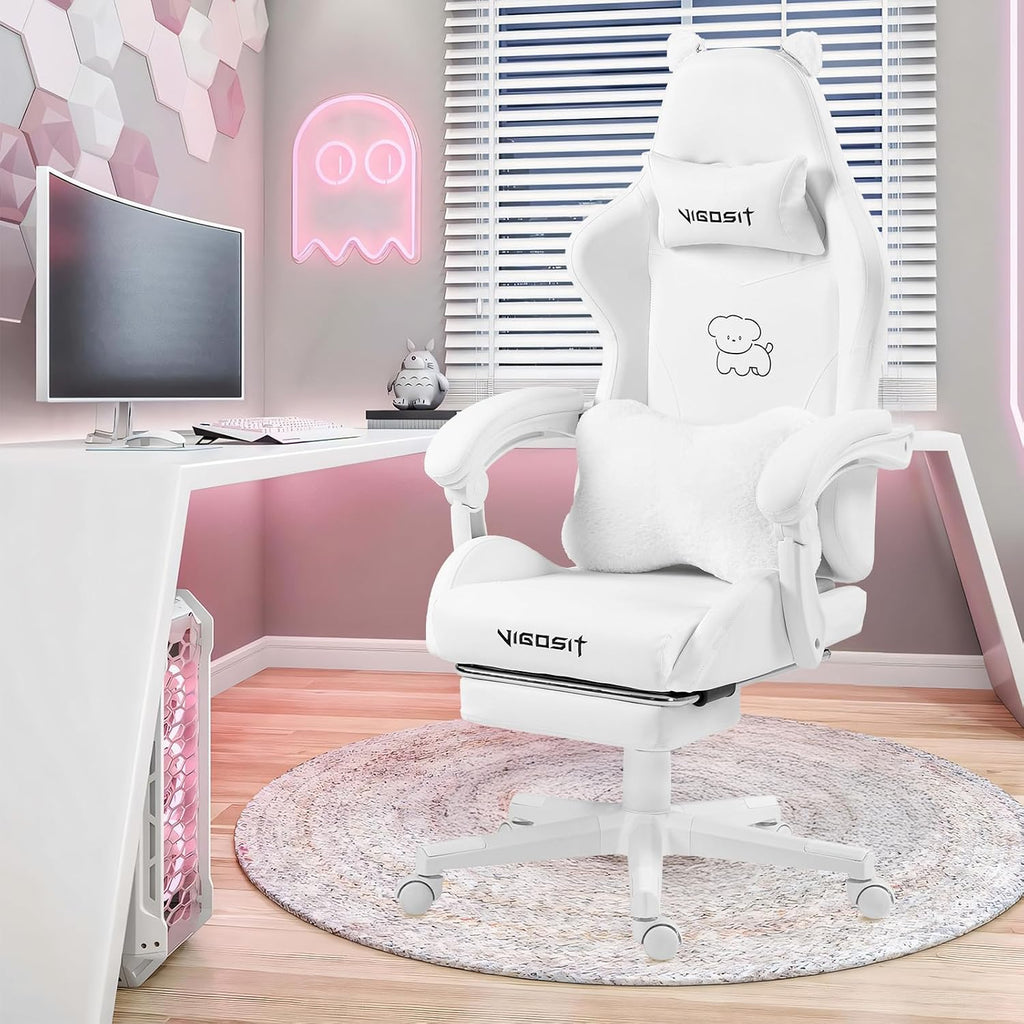 Vigosit White Dog Gaming Chair with Footrest, Ergonomic Cute Gamer Chair for Girls and Women, Comfortable Desk Computer Chair Adults Teens