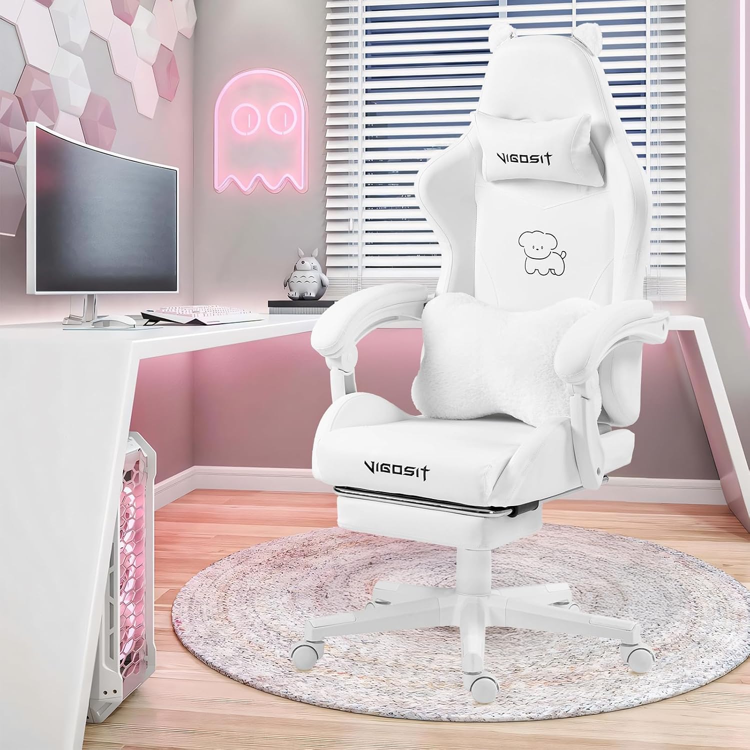 Vigosit White Dog Gaming Chair with Footrest, Ergonomic Cute Gamer Chair for Girls and Women, Comfortable Desk Computer Chair Adults Teens