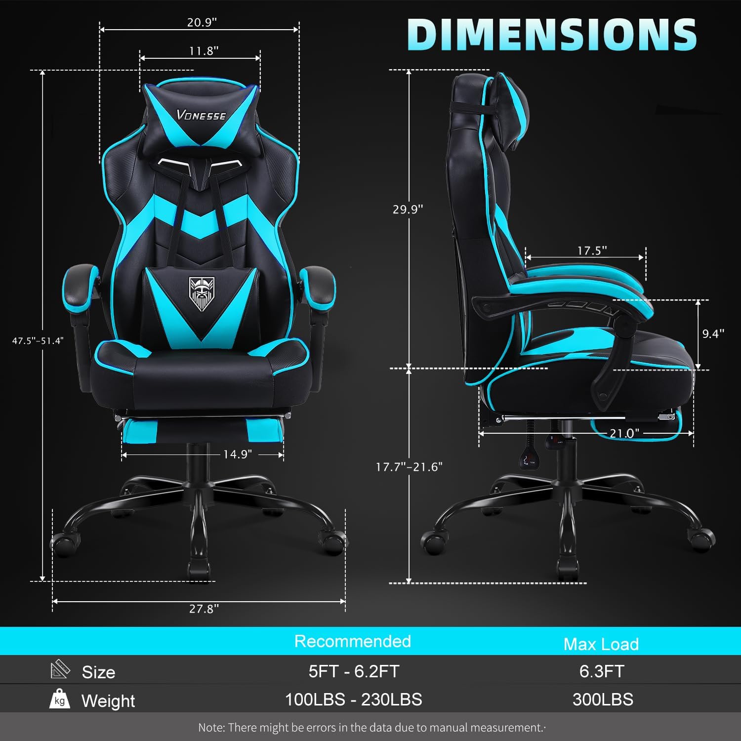 Vonesse Gaming Chair, High Back Gaming Chair with Footrest and Massage, Gaming Chairs for Adults with Pocket Spring Cushion, Big and Tall Reclining Computer Chair with Lumbar Support (Cyan/Black)