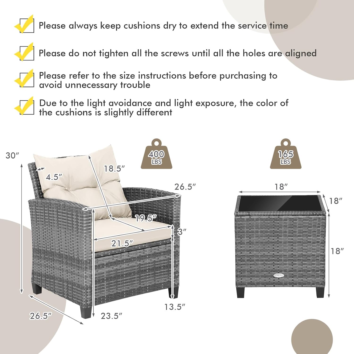 COSTWAY 3PCS Patio Furniture Set, PE Rattan Wicker Sofa w/Washable Cushion and Coffee Table, Tempered Glass Tabletop, Outdoor Conversation Set for Balcony, Porch, Yard, Backyard, Lawn (White)
